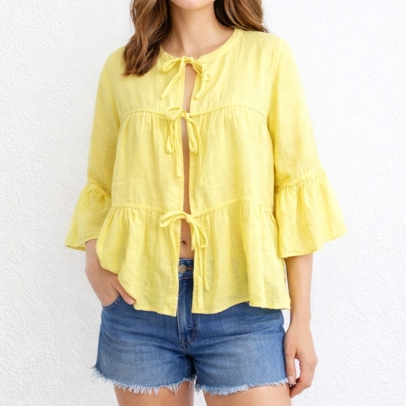 Marc New York Tops - Marc New York Women’s Tie Front Linen Blend Tiered Blouse Yellow Size Large